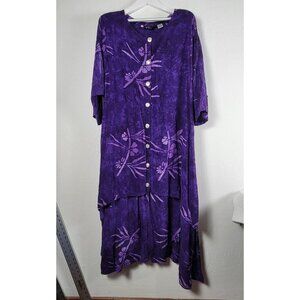 Exotica Purple Floral Button-Down Long Dress Womens Large Boho Maxi 3/4 Sleeve